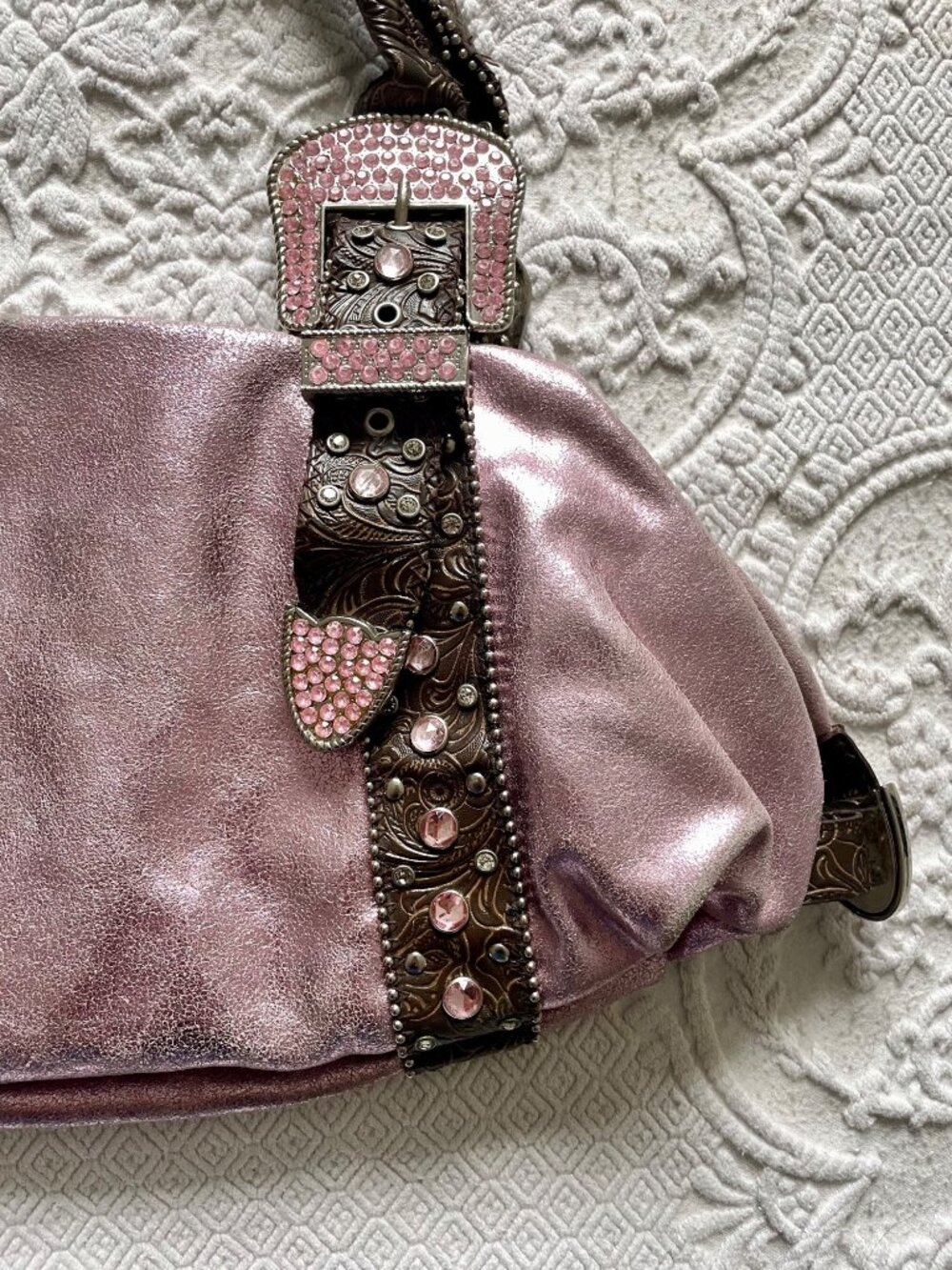 SOLD Vintage Y2K Charm + Luck Western San Antonio Leather Rhinestone Satchel Bag - Picture 5 of 16